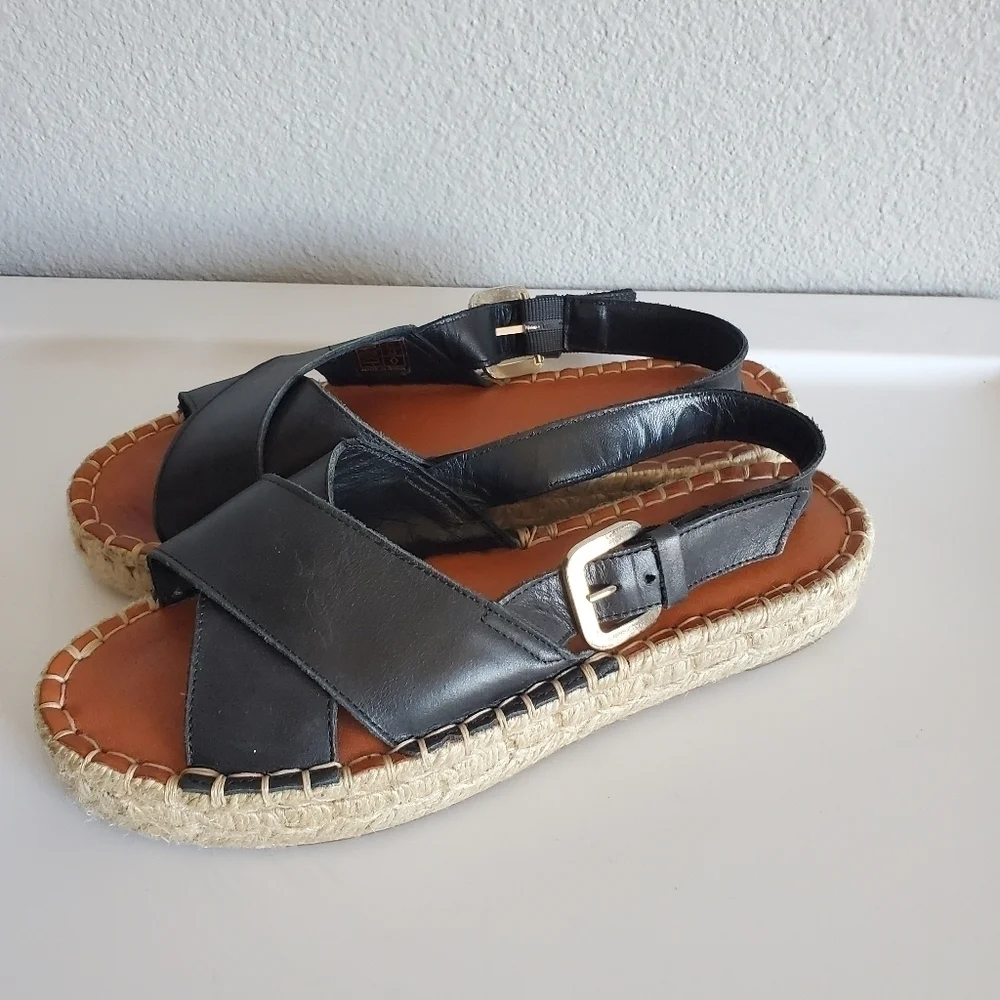 Alohas Crossed Black Leather Espadrilles Sandals Platform Made in Spain Size 36